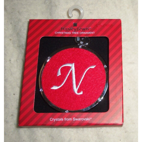 White Letter N on Round Red Felt Silver Plated Ornaments w/crystals Harvey Lewis - Picture 2 of 3
